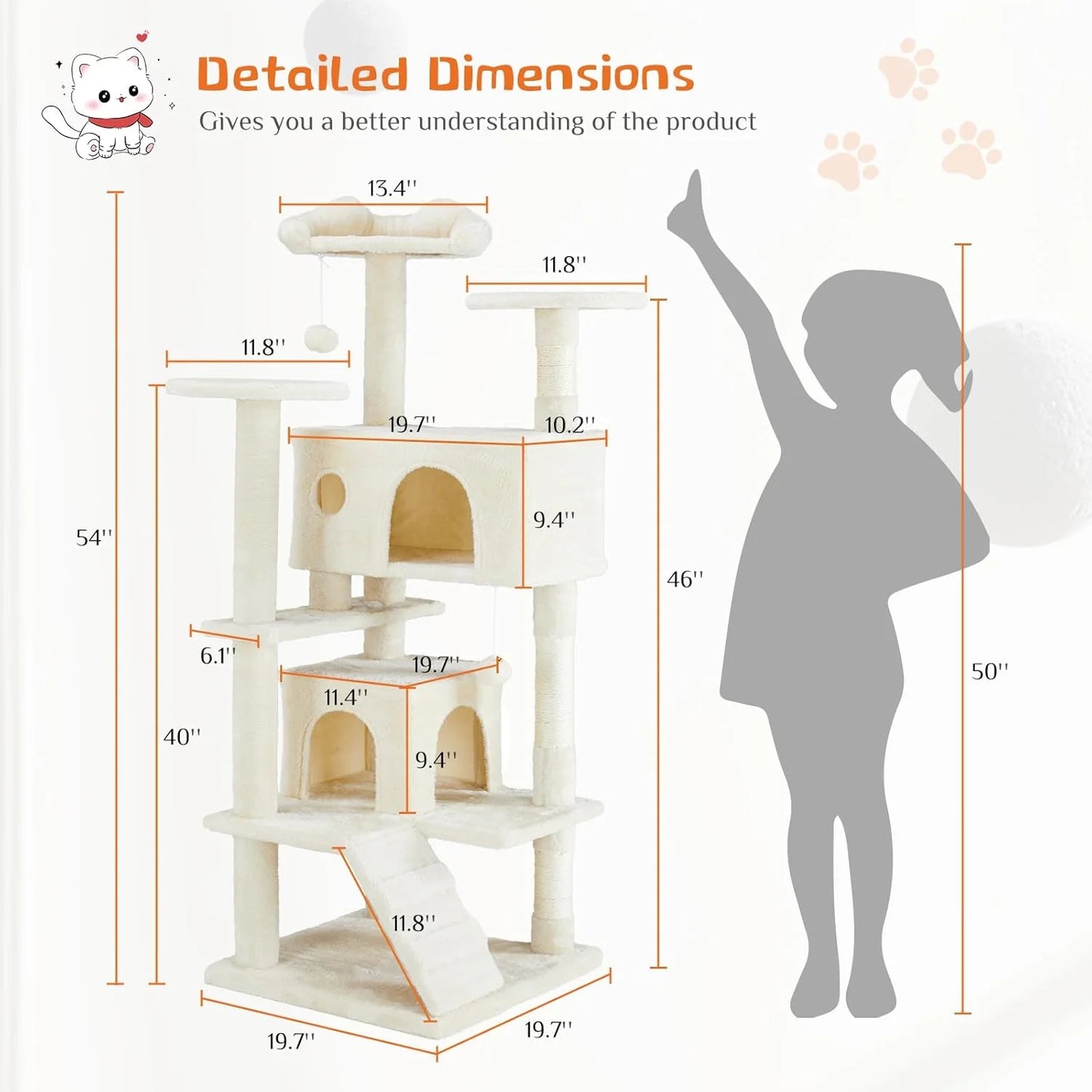 54 Inch Cat Tree Tower, Multi-Level with Cat Scratching Post, Indoor Cat Condo with Climbing Ladder, Plush Toy, Play House for Cat, Dove Beige