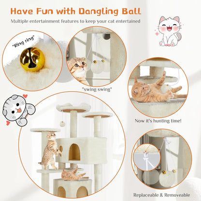 54 Inch Cat Tree Tower, Multi-Level with Cat Scratching Post, Indoor Cat Condo with Climbing Ladder, Plush Toy, Play House for Cat, Dove Beige